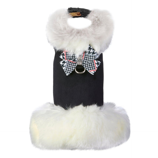 Classic Glen Houndstooth Nouveau Bow White Fox Fur Coat - Pooch La La